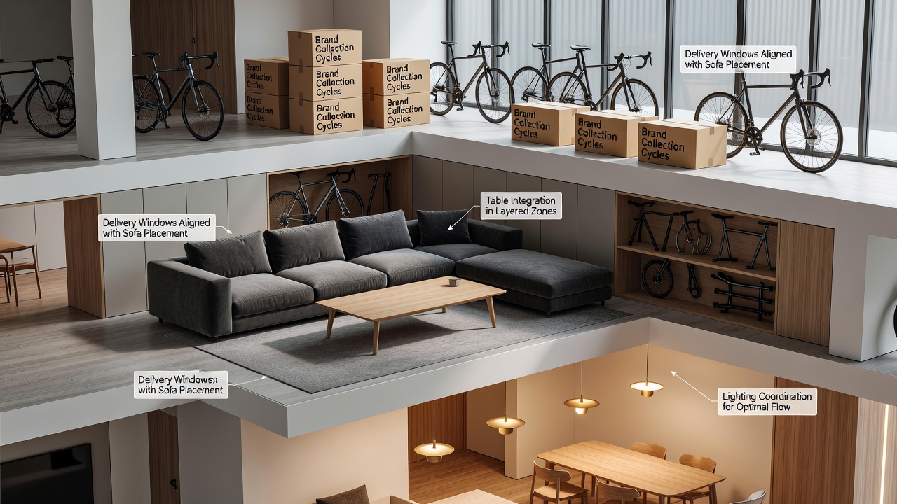 Darstellung einer koordinierten Lieferung von Sofas und Beleuchtungselementen in einem geschichteten Wohnraum