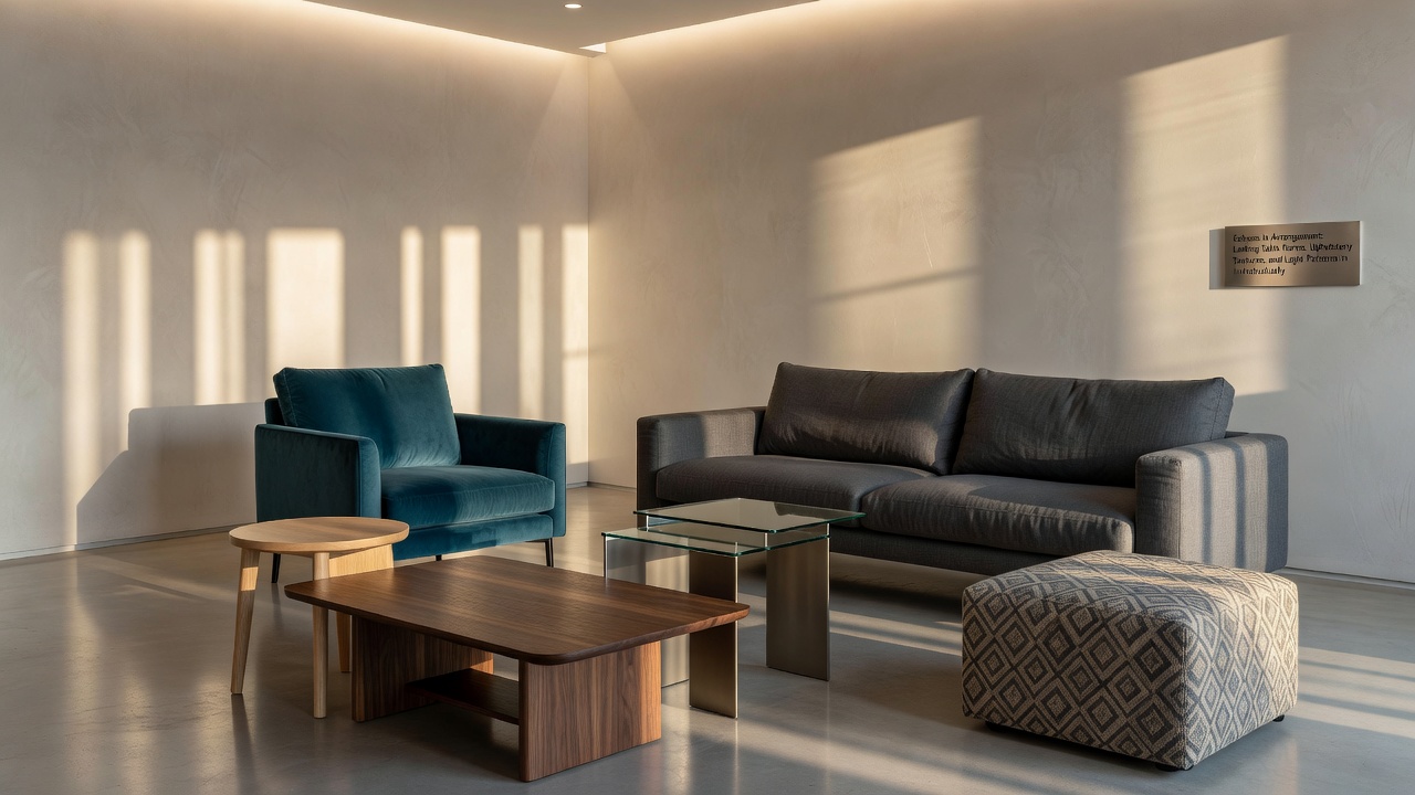 Detailaufnahme von Polstertexturen und Lichtreflexionen auf Tischflächen in einem individuellen Interieur