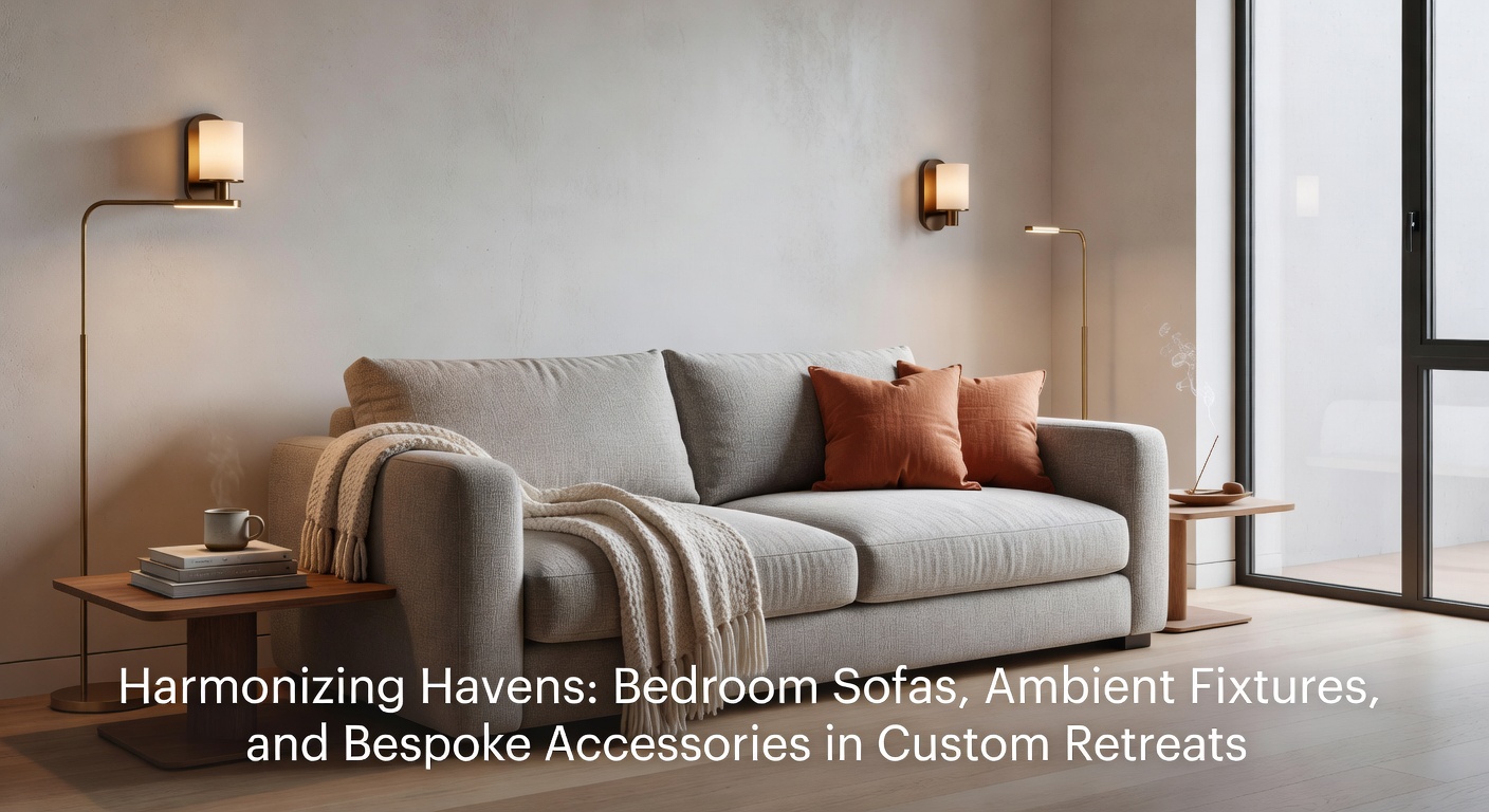 Ein elegantes Schlafzimmer-Sofa in harmonischer Umgebung mit weichem Ambient-Licht und personalisierten Accessoires, das eine ruhige Oase schafft