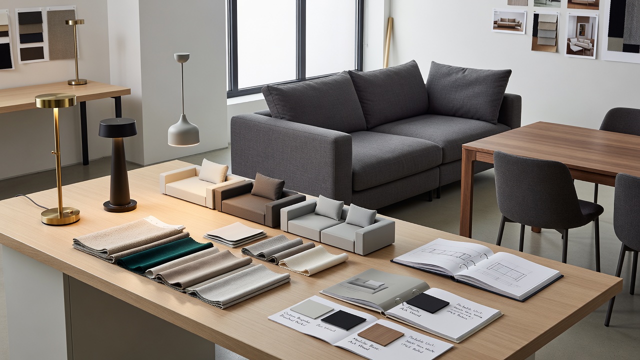 Portables Lichtsystem neben modularer Sofa-Anordnung in einem individuellen Wohnprojekt