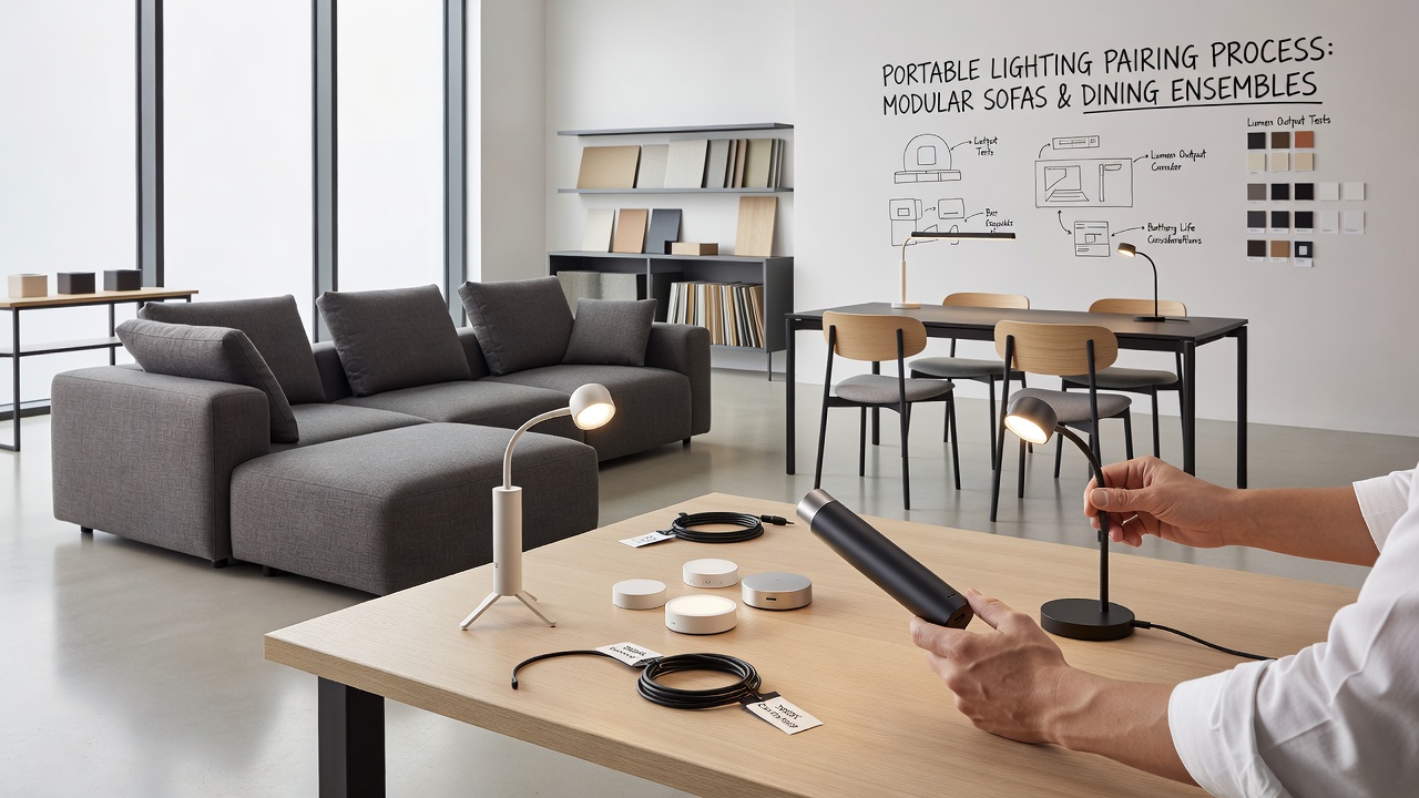 Portable Leuchte in Abstimmung mit Essensemble und modularen Sitzmodulen
