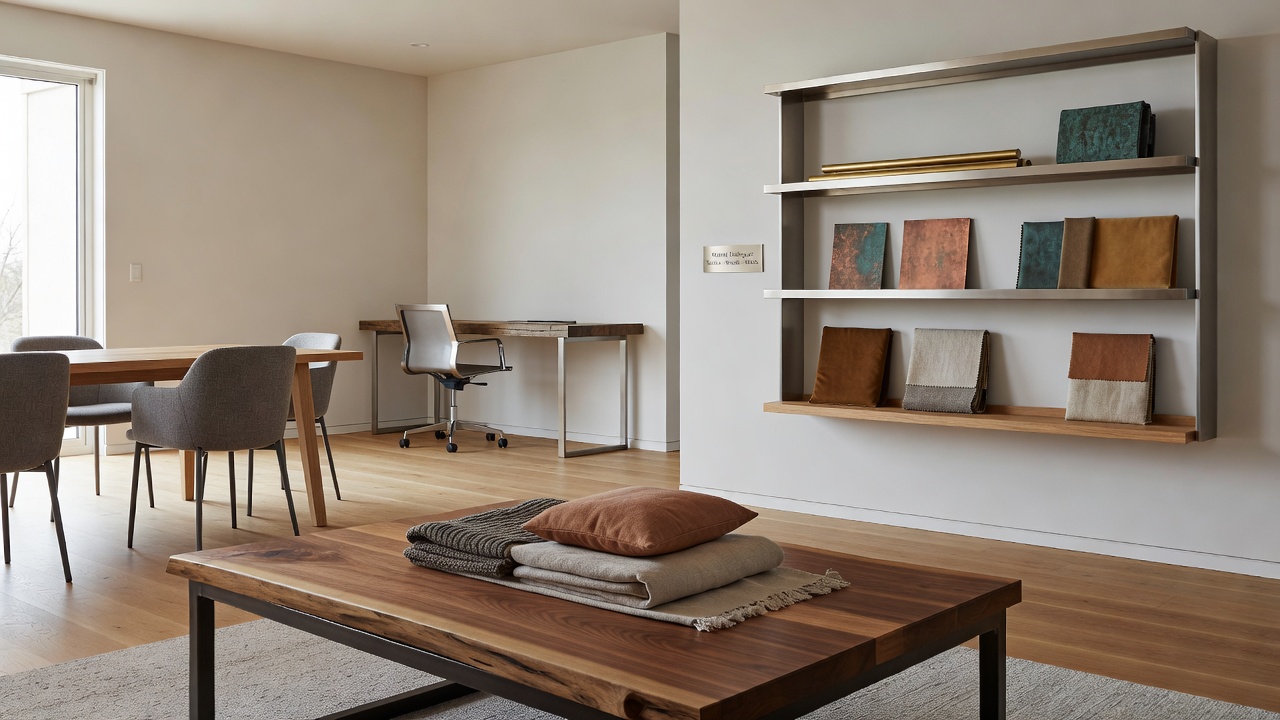 Detailansicht von Holz, Metall und Textilien in einem modularen Wohnmöbel