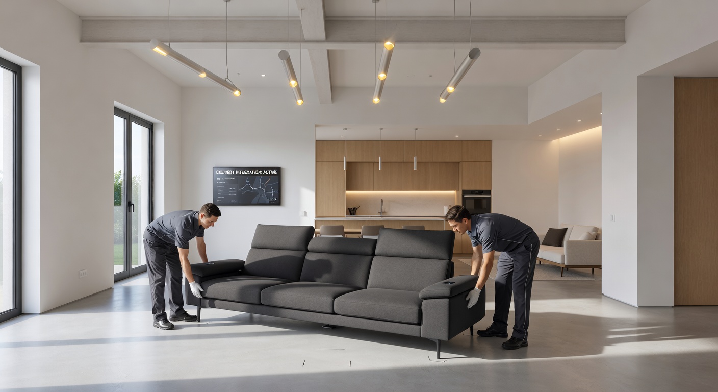 Offene Wohnlandschaft mit präzise platzierten Sofas und maßgeschneiderter Beleuchtung, die durch professionelle Lieferdienste integriert wurde