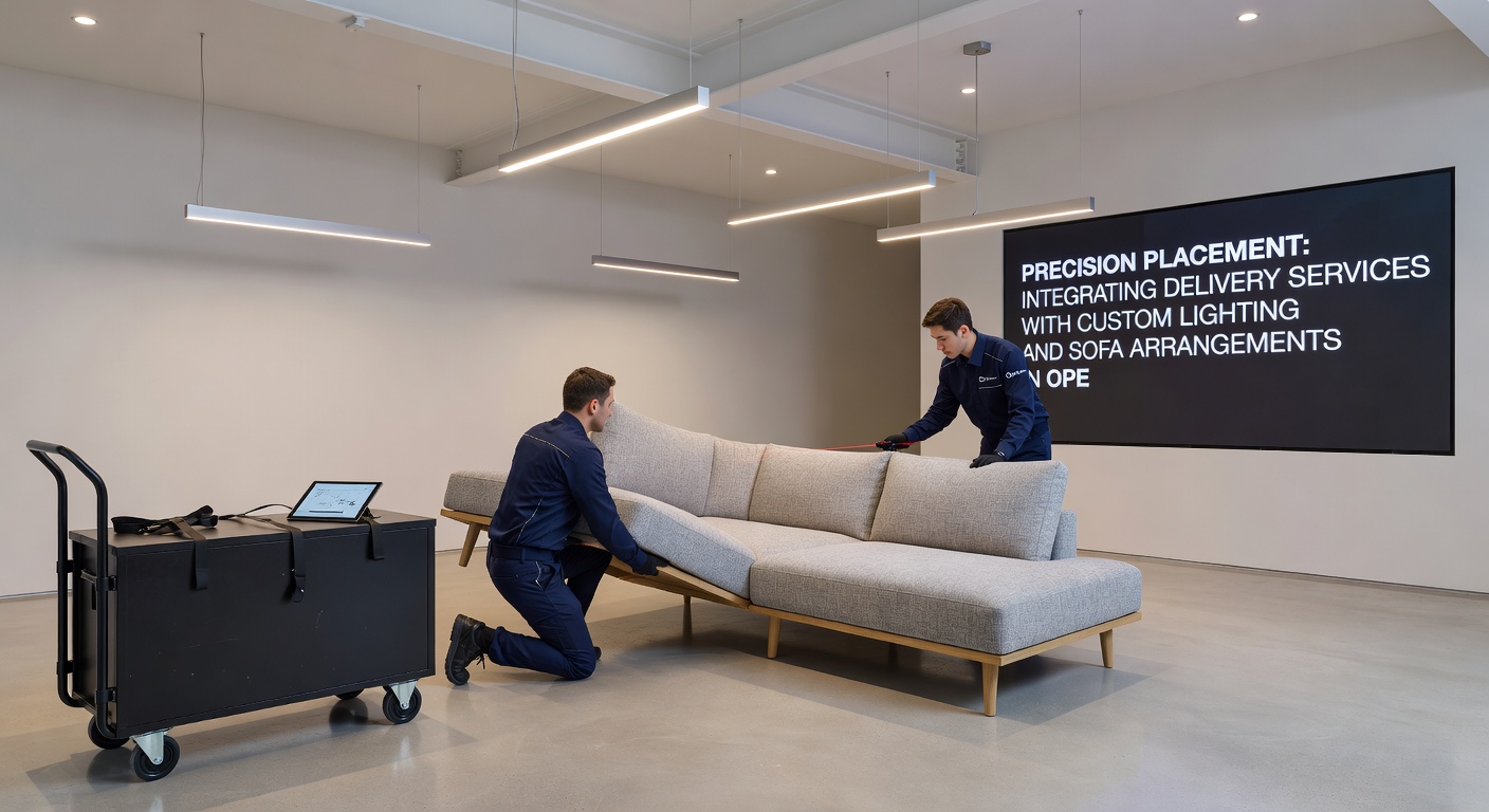 Maßgeschneiderte Sofas und LED-Leuchten in einer offenen Wohnküche, professionell von Lieferdiensten platziert für optimale Raumaufteilung