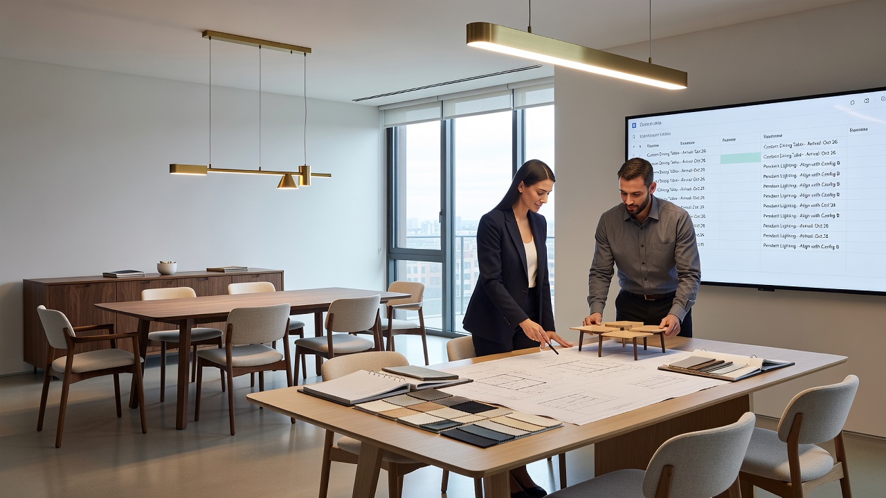 Sequenzierte Anlieferung von Maßmöbeln und Leuchten in adaptiven Essbereichen mit flexiblen Grundrissen