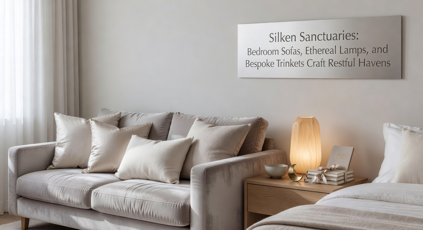 Gemütliches Schlafzimmer mit seidigem Sofa, sanfter ätherischer Lampe und feinen maßgefertigten Trinkets auf einem Nachttisch, die eine ruhige Atmosphäre erzeugen