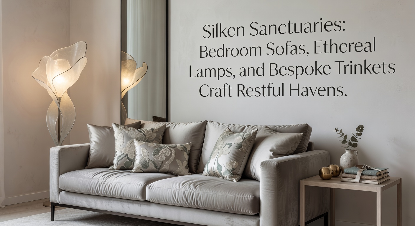 Ätherische Lampe mit weichem Glanz über einem maßgefertigten Trinket auf einem Schlafzimmer-Sofa, das eine serene, einladende Stimmung vermittelt
