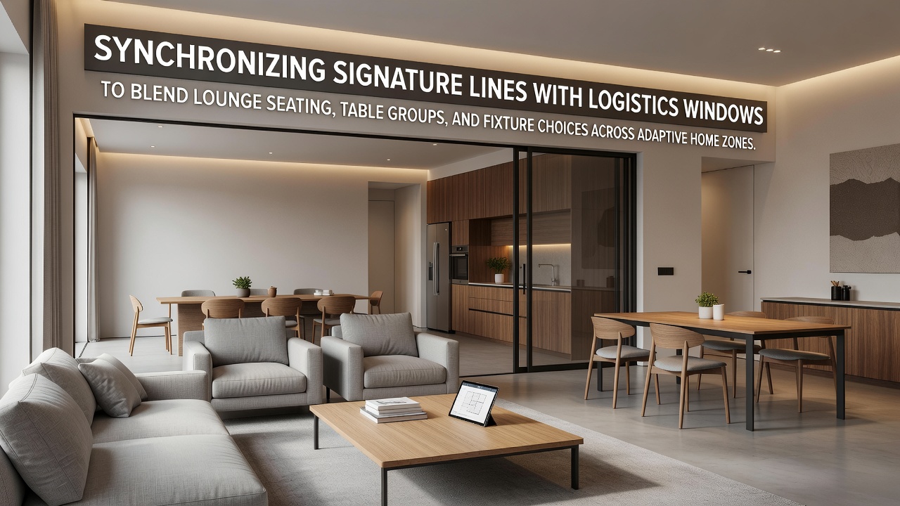 Darstellung adaptiver Wohnzonen mit integrierten Lounge-Sitzbereichen, Tischgruppen und Leuchten