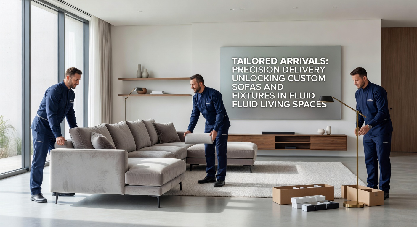Ein maßgefertigtes Sofa wird präzise in einem offenen Wohnraum positioniert, um fließende Übergänge zu schaffen