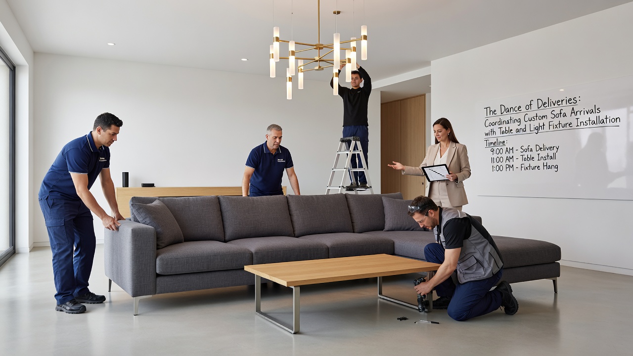 Installation von Leuchten und Tischen nach Sofa-Anlieferung in Übergangsbereichen