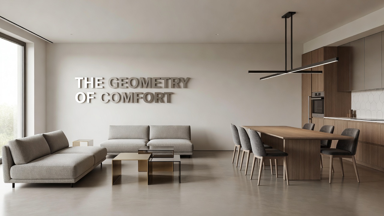 Detailansicht einer offenen Wohnlandschaft mit präzise ausgerichteten Lounge-Stücken, Esstisch und Beleuchtungsarmaturen in geometrischer Abstimmung