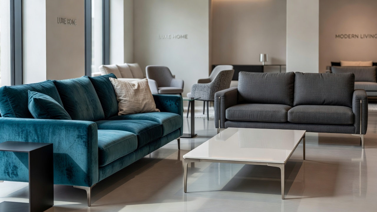 Detailaufnahme von Stofftexturen und metallischen Reflexionen an Sofas und Leuchten in einem anpassbaren Wohnbereich