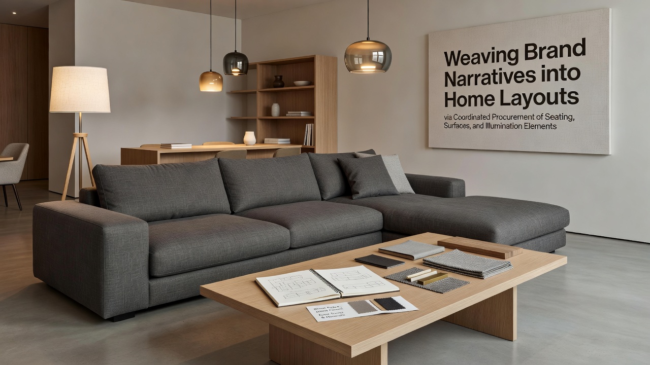 Koordinierte Auswahl von Sitzarrangements, Oberflächenmaterialien und Beleuchtungselementen in einem modernen Wohnraum